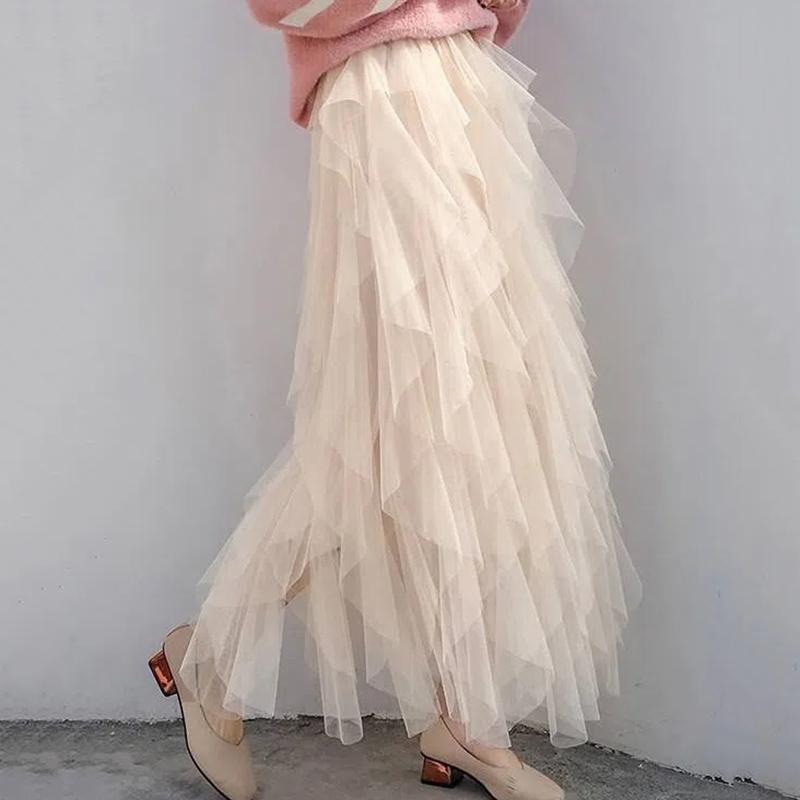 WTEMPO Tutu Tulle Solid Long Maxi Skirts Women Large Size Korean Cute Pink Black White High Waist Pleated Mesh Skirt