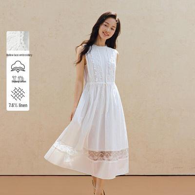 INMAN French Sweet Lace Embroidery Linen-Blend Sleeveless Dress