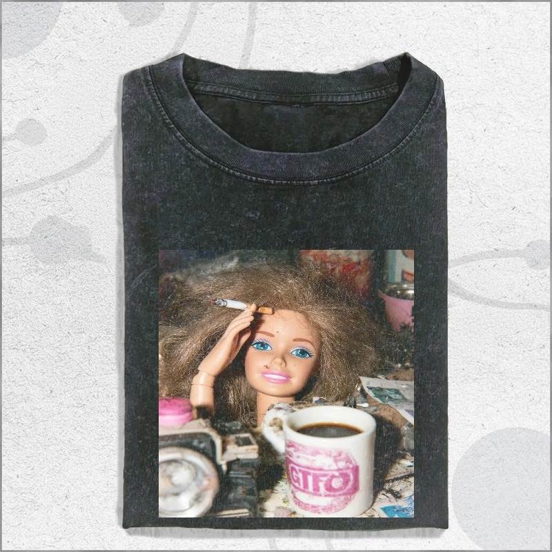Vintage Washed Doll Face Girl For Overtime Work T-shirt, Gift For Her Summer Men's and Women's Washed T-shirt Top