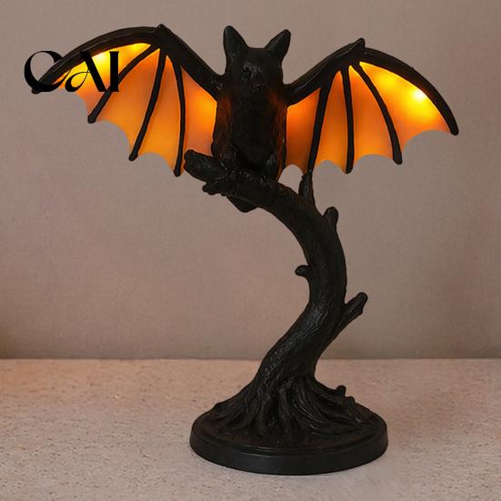 Dark Academia Bedroom Accessory Vintage Black Bat Table Lamp, Resin Gothic Decorative Night Light, Retro Alternative Home Aesthetic Decor Style