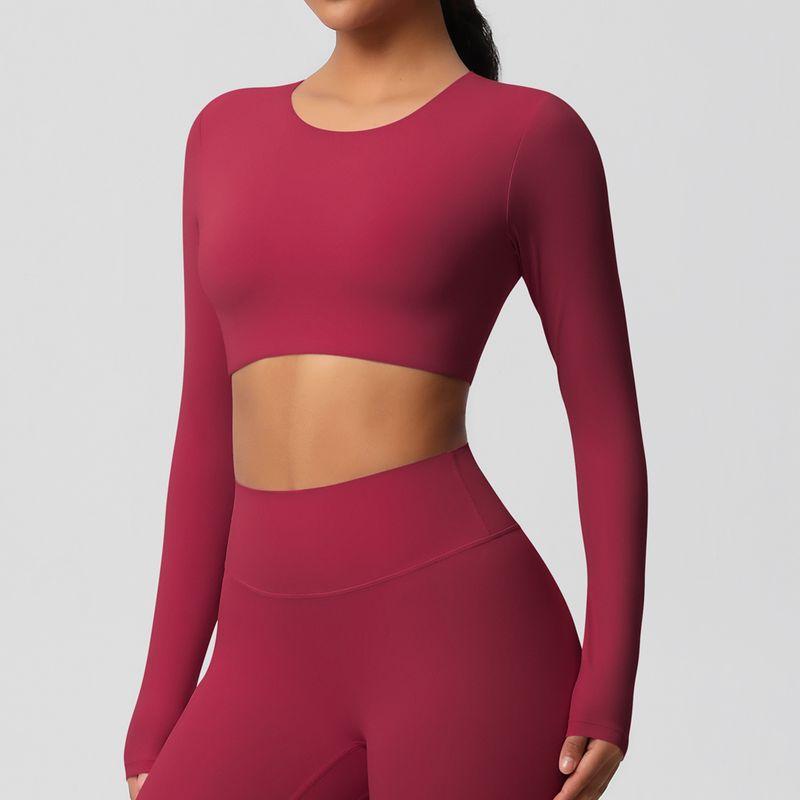 

Fashion Minimalist Yoga Clothes Long Sleeves Short Pure Color Nylon Ammonia Nude Feel Fabric Plaid with Chest Pad Sports Tops Midriff Outfit 7104 Long sleeves-Carmine(With chest pad) L