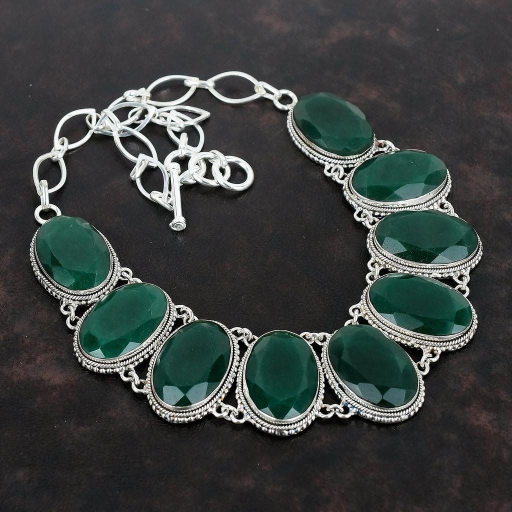 Fasetowany Naszyjnik ze Szmaragdu Zambijskiego Biżuteria z Kamieni Szlachetnych Srebro Próby 925 Regulowany Łańcuszek Ręcznie Robiony Naszyjnik Vintage Prezenty na Zaręczyny