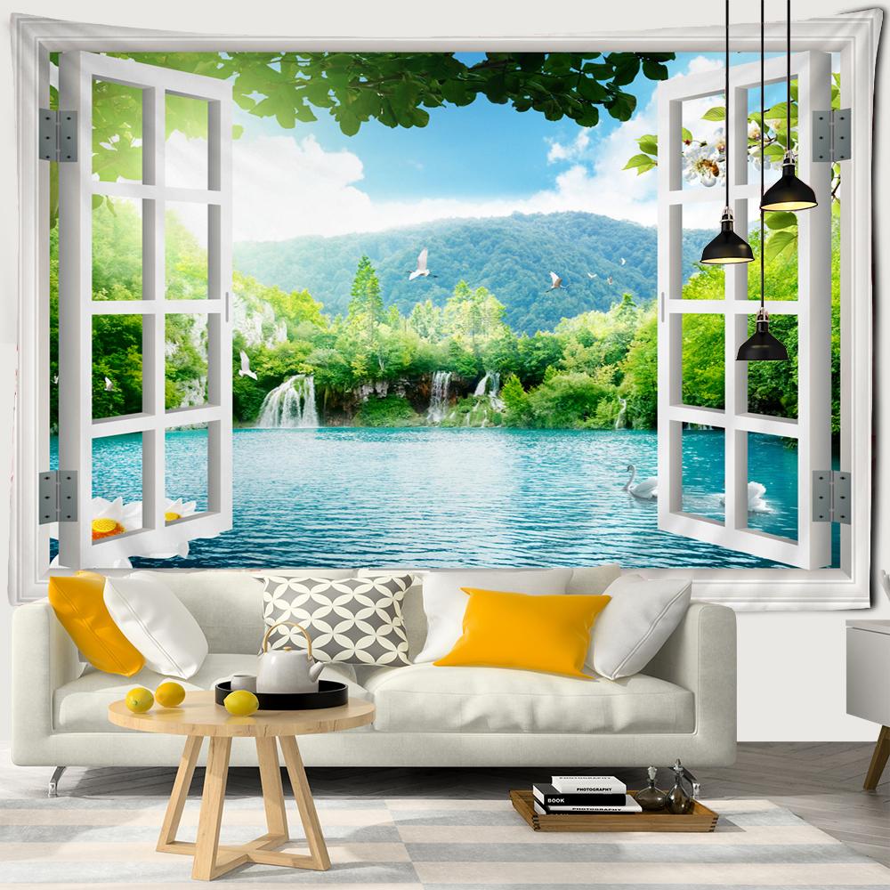 Scenery Outside the Window Tapestry Wall Hanging Sandy Beach Picnic Rug Camping Landscape Tapestries Pad Home Decor Wall Cloth