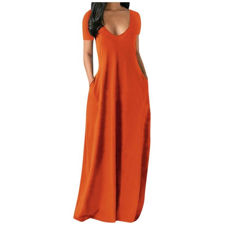 QICED Fashion Summer Spring Solid Color Print Short Sleeve U-Neck Casual Dresses Unique design