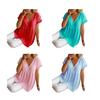 Women Tops V-Neck Short Sleeve Ruffle Splicing Hem Pullover Tops Pure Color Loose Fit A-Line Tee Tops Daily Wear