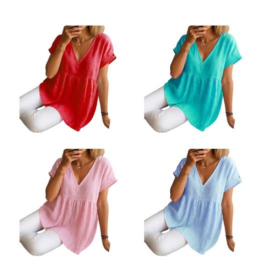 Women Tops V-Neck Short Sleeve Ruffle Splicing Hem Pullover Tops Pure Color Loose Fit A-Line Tee Tops Daily Wear