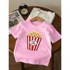 European Sizes Popcorn Fun Pattern Print, Girls' Round Neck Short Sleeve T-Shirt, Comfortable and Breathable, Suitable for Daily Casual Wear