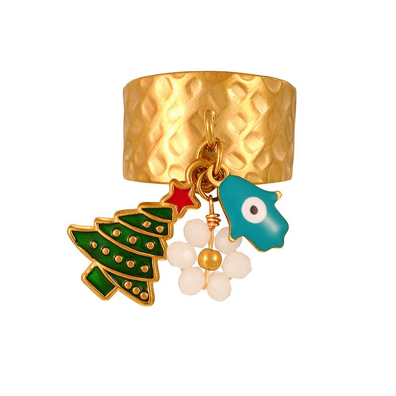 European & American Cartoon Christmas Snowflake Titanium Steel Drip Oil Flower Open Ring for Women