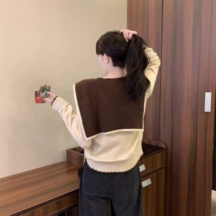 Chic Red Christmas Shawl Sweater for Women - Korean Style Knit Top, Petite Autumn/Winter Fashion