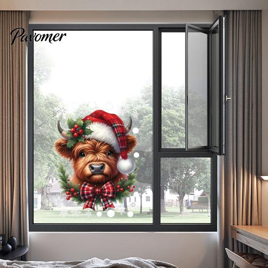 Waterproof PVC Bathroom Decor Christmas Window Clings, Cute Highland Cow Sticker with Santa Hat, Winter Creative DIY Home Remodeling Supplies