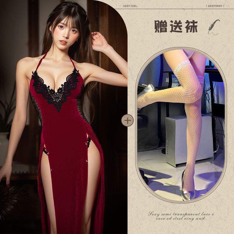 Human Cinnabar Mole Deep V Velvet Erotic Underwear Sexy Pure Desire High Split Cheongsam