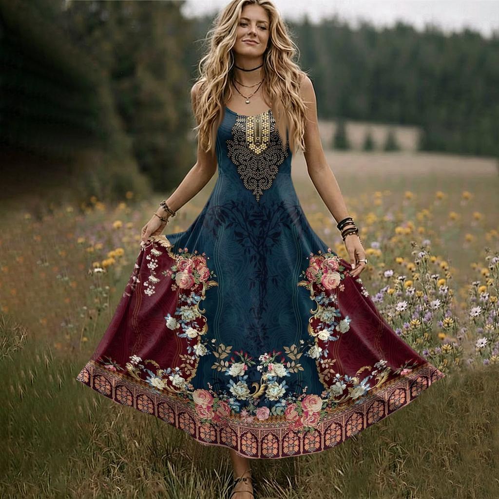 Women's Sleeveless V Neck Maxi Dress Summer Long Dress Casual Loose Fit Floral Print Bohemian Style Slip Dress