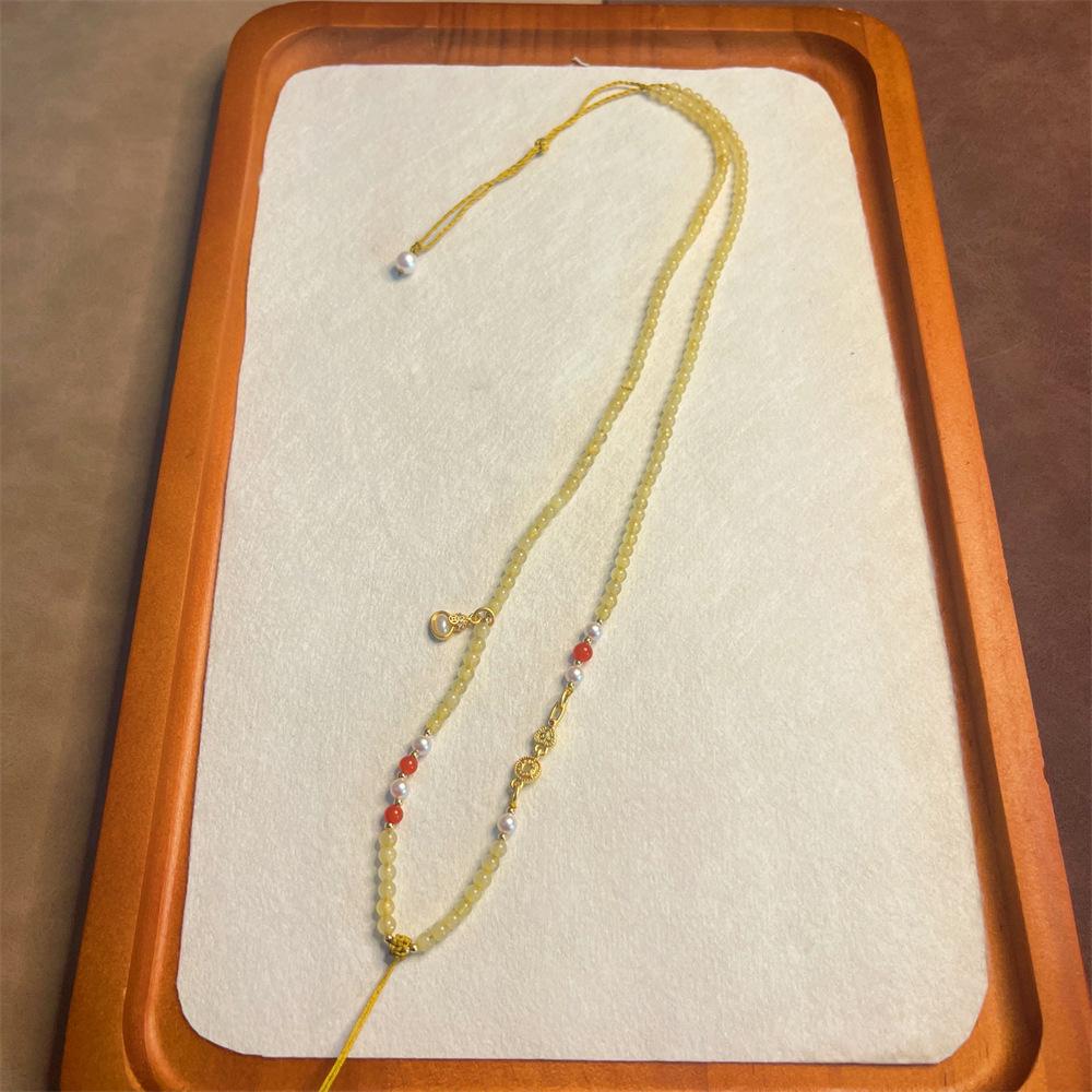 Natural Yellow Rutilated Quartz Bead Gourd Pendant Necklace with Eight Treasures Compass and Hand-Woven Rope