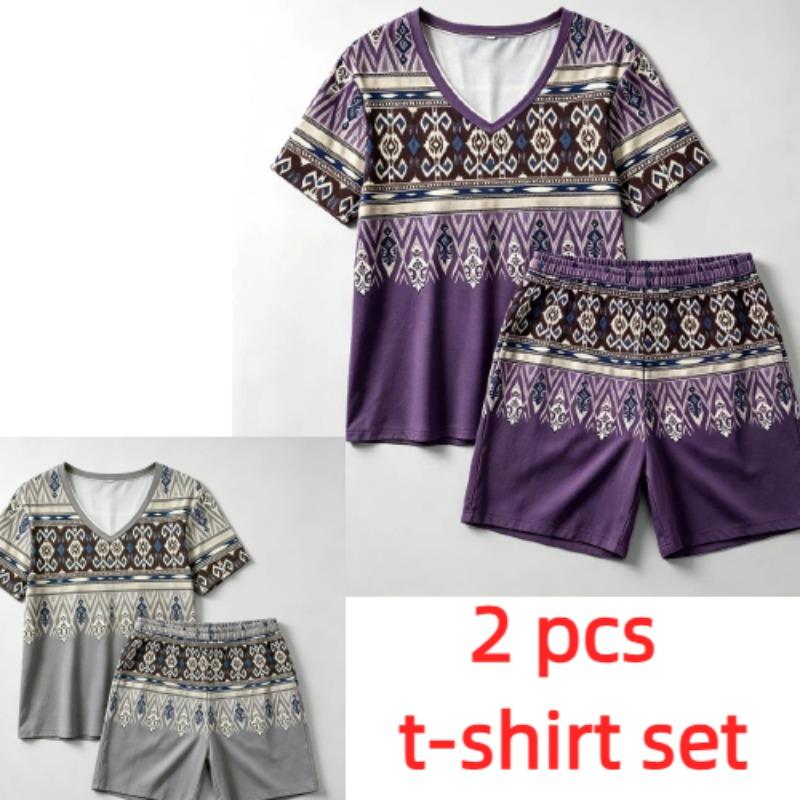 Summer Fashion Bohemian Style Geometry Pattern Printed V- Neck Short Sleeved T-Shirt And Shorts Set Women's and Men's T-shirt Shorts Set