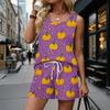 Women Summer Casual Two Piece Set Sleeveless Tank Top with Square Neck and Printed Shorts with Pockets Lightweight Lounge Outfit