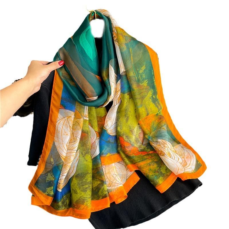 Lotus simulation silk pattern scarf silk scarf commuting sun protection light luxury temperament large shawl soft yarn female large size