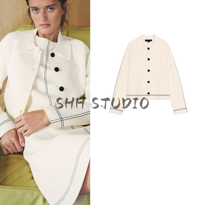 Spring New Women's Clothing American Contrast Color Trim Minimalist Temperament Long Sleeve Lapel Knitting Outwear 4192036