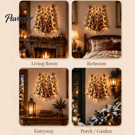 Indoor Festive Decor Lighted Wooden Christmas Tree Ornament, Rustic Holiday Wall Decoration with LED Living Room Light for Home Bedroom and