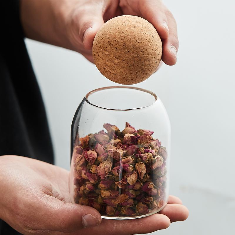 Hand-Blown Lead-Free High Borosilicate Glass Round Flower Tea Storage Transparent Container Glass Jars with Cork Stopper Lids