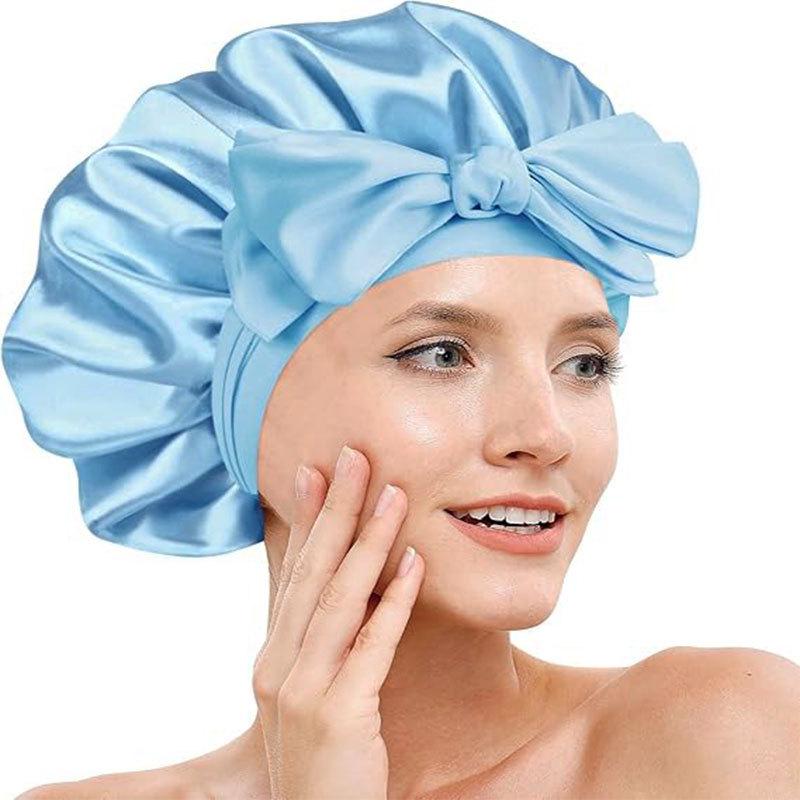Double-Layer Satin Bow Tie Sleep Cap for Women - Reversible Bandana Style Bonnet for Hair Care