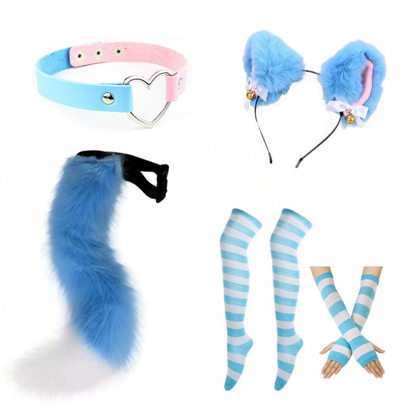 Cat Ear Headband With Tail Set Cosplay Costume Accessories Anime Kawaii Girl Party Outfit