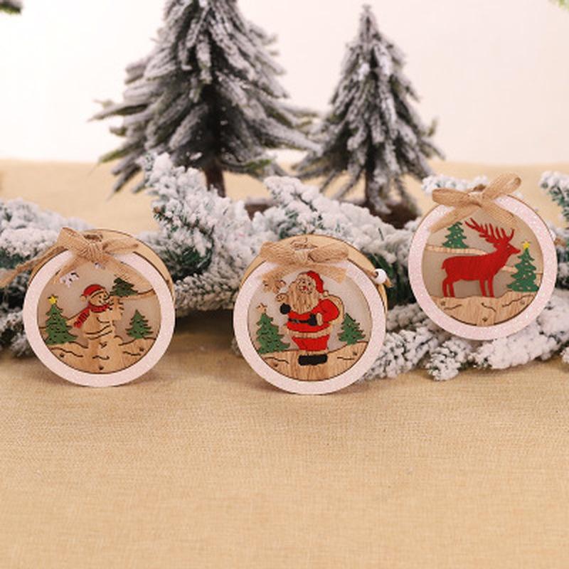 Christmas Tree Wooden Glowing Ornament Star Round Shape LED Light Decoration Luminous Santa Snowman