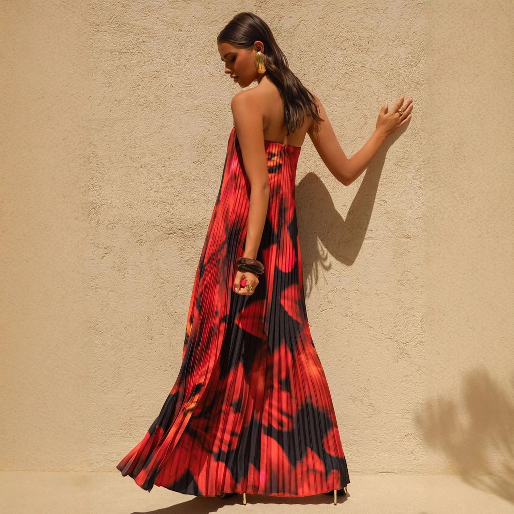 2026 printed tube top loose heavy industry pleated long dress women