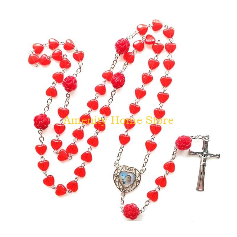 

F26C Red Hearts Catholic Rosary Necklace Beads Holy Figure Jesus Hanging Pendant