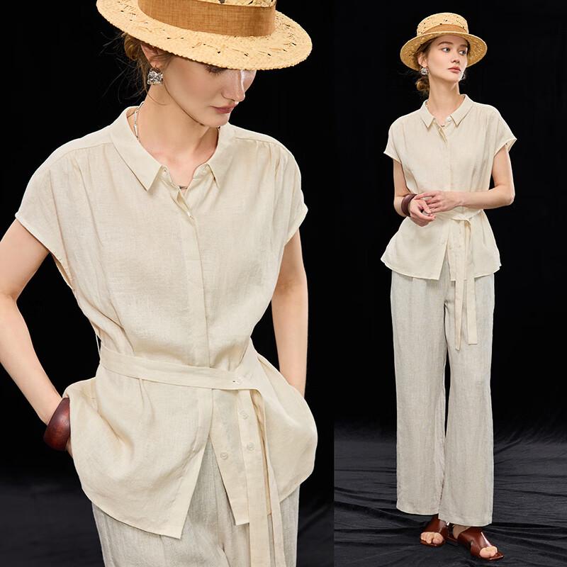 Women s 100% Linen French Style Tie-Waist Sleeveless Shirt M бежевый