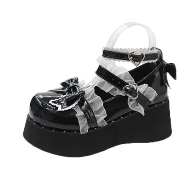 Mode Japansk Kawaii Punk Goth Chunky Platåpumps Dam Rosett Kilklackar Mary Jane Lolita Skor Kvinna Hjärta Ankelspänne Svarta Skor