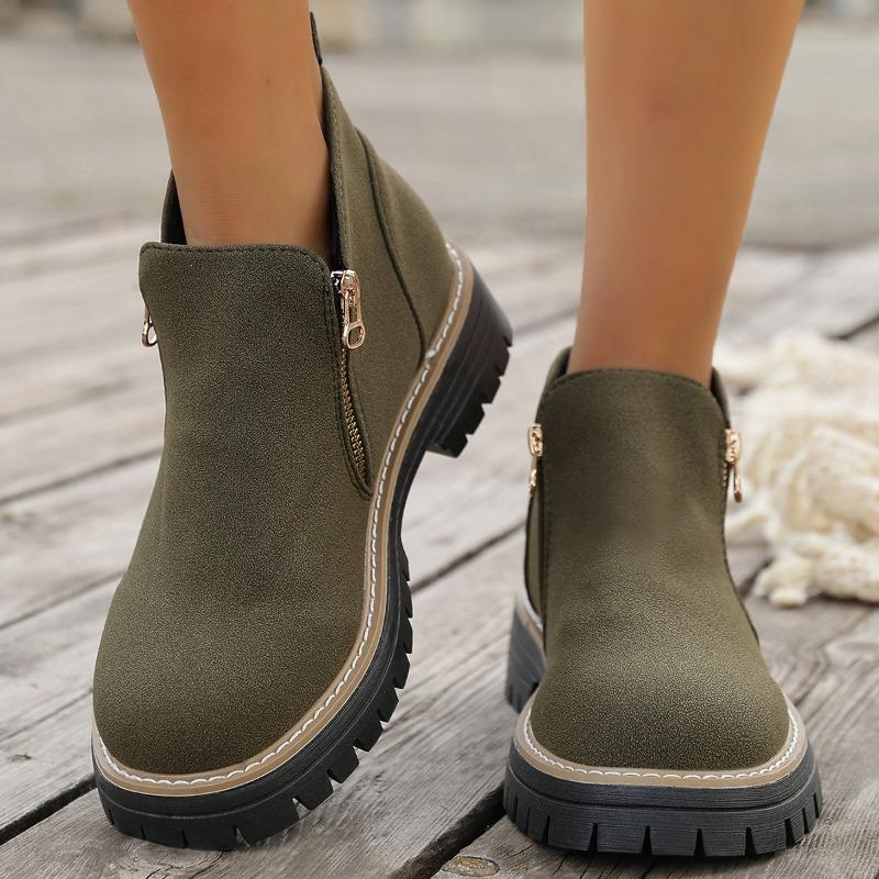 Damen Stiefeletten mit runder Zehenpartie in Überweite, Martin Boots mit Blockabsatz und Reißverschluss an der Seite, Herbst Winter Kurzstiefel für Damen