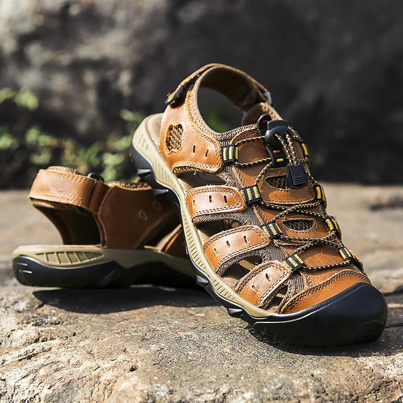 FashionGenuine Leather Men Sandals Anti-collision Toe Summer Shoes Outdoor Water Flats Quick Dry Wading Aqua Shoes Man Non-Slip Sandals