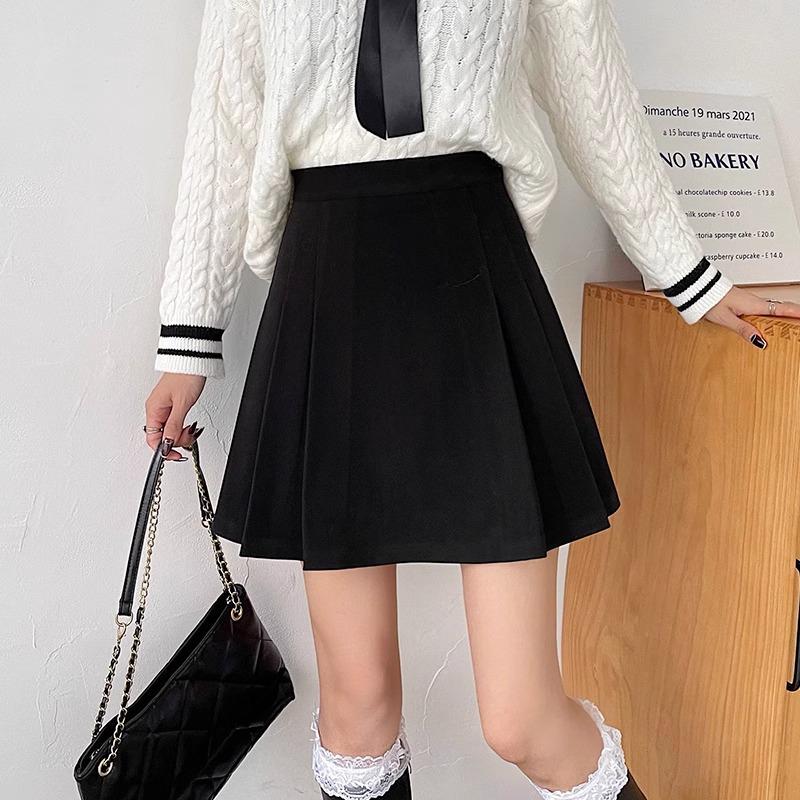 

2024 Spring Black High Waist A-line Pleated Midi Skirt for Women - Korean Style, Plus Size, Slimming Fit S