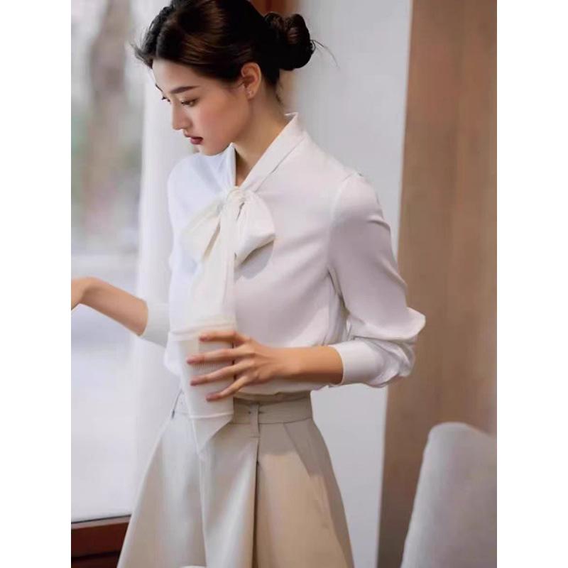 Autumn 2025 French Chic White Ribbon Bow Blouse for Women Medium белый