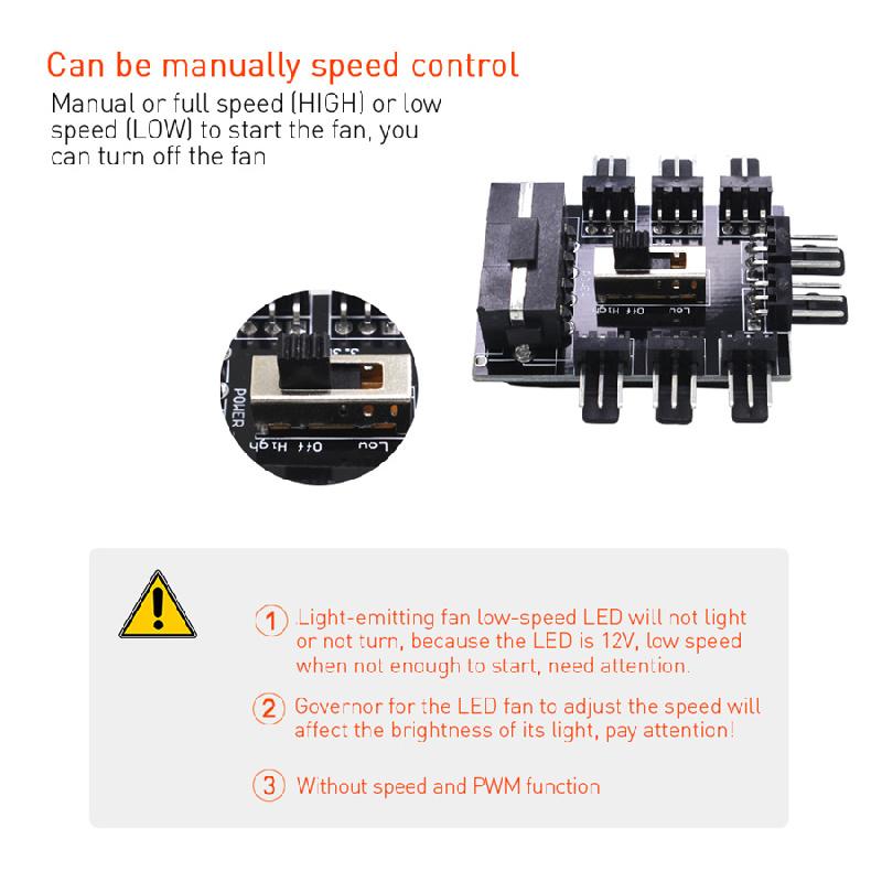 Cooling Fan Hub, 1 to 8, Fan Hub 3-Pin PWM Splitter, Computer Mining Adapter, Cooling Power Supply