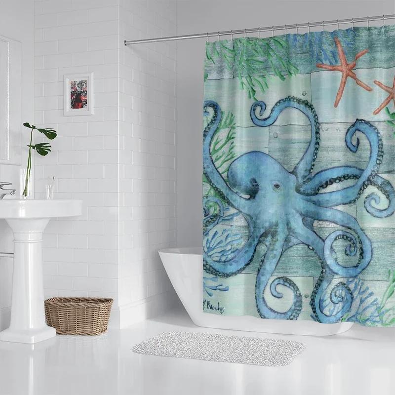 Ocean octopus, seahorse, starfish waterproof fabric household shower curtain accessories shower curtain marine shower curtain