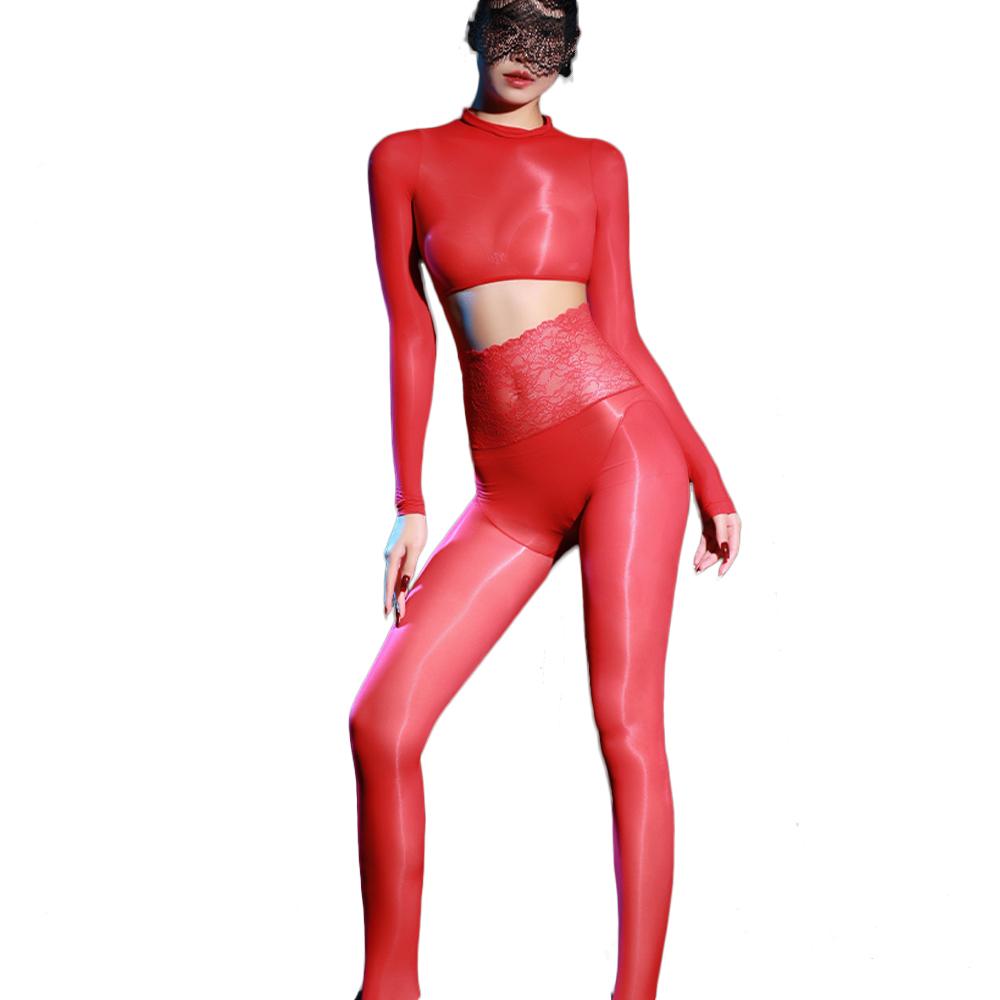 Sexy Women 2Pac/Set Lace High Waist Shaping Pantyhose 8D Oil Glossy Shiny Seamless Yoga Maid Tights Stockings With Top