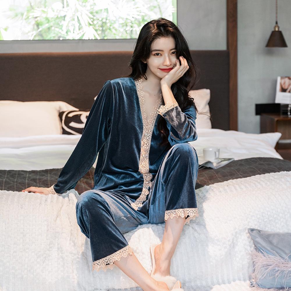 Gold Velvet Pajamas for Women Autumn and Winter Long-sleeved Trousers Cardigan Sexy Lace Suit Home Wear Can Be Worn