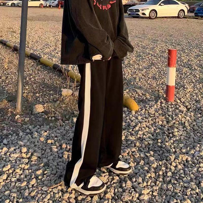 

Брюки женские, весенне-летние, корейская версия, свободные и тонкие широкие брюки, студентки, высокая талия, заниженная повседневные прямые длинные брюки M чёрный