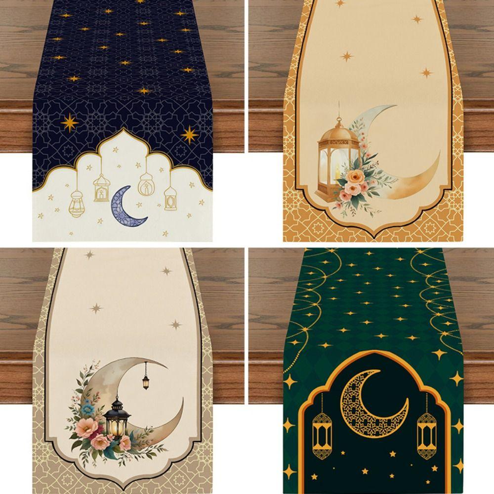 Golden Lantern Ramadan Table Runner White Moon Star Polyester Eid Mubarak Tablecloth Eid Al Fitr Dining Table Decoration