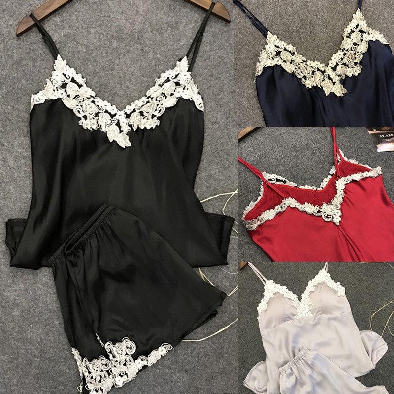Elegant And Alluring Satin Lace Sleepwear Babydoll Lingerie Nightdress Pajamas Set For Women