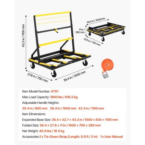 VEVOR Drywall Cart Dolly, 816 kg Load Capacity, Steel Panel Dolly with 4 Swivel Casters & Expandable Deck