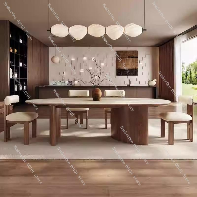 Elegant French Chinese-Style Dining Table, Off-White Travertine with Black Walnut Chairs, Designer Dining Set for Home or Office