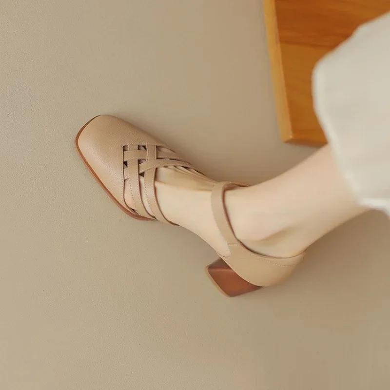 French Style Hollow Out Soft Leather High Heels Roman Head Women's Sandals Summer New Retro Rubber Bottom Square Toe Shoes