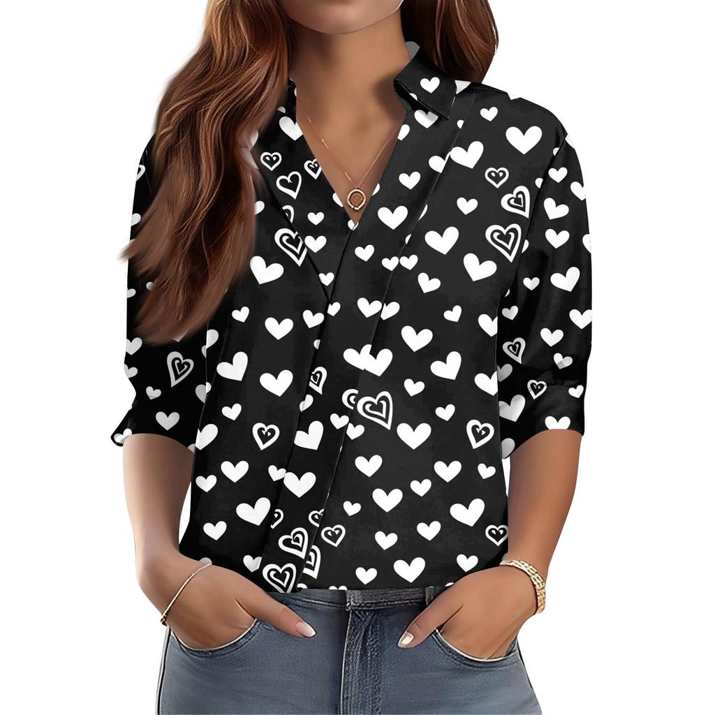 Women's 3/4-Sleeve V-Neck Shirt Printed Workwear Casual Regular Shirt Collar Top