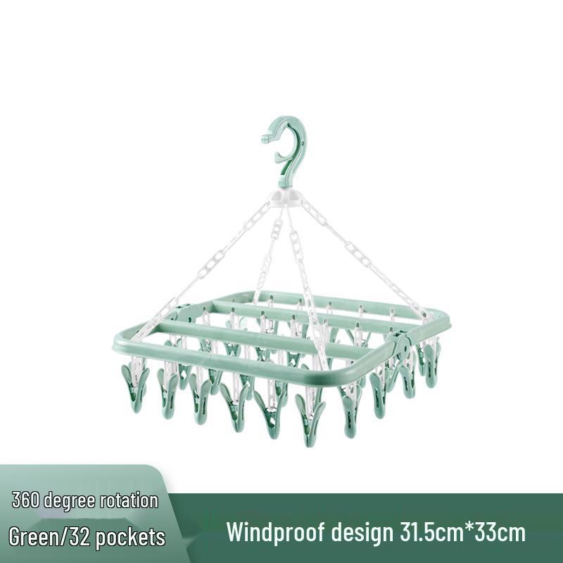Windproof 32-Clip Plastic Hanger: Multifunctional Clothes & Socks Drying Rack for Adults & Children, Portable and Durable.