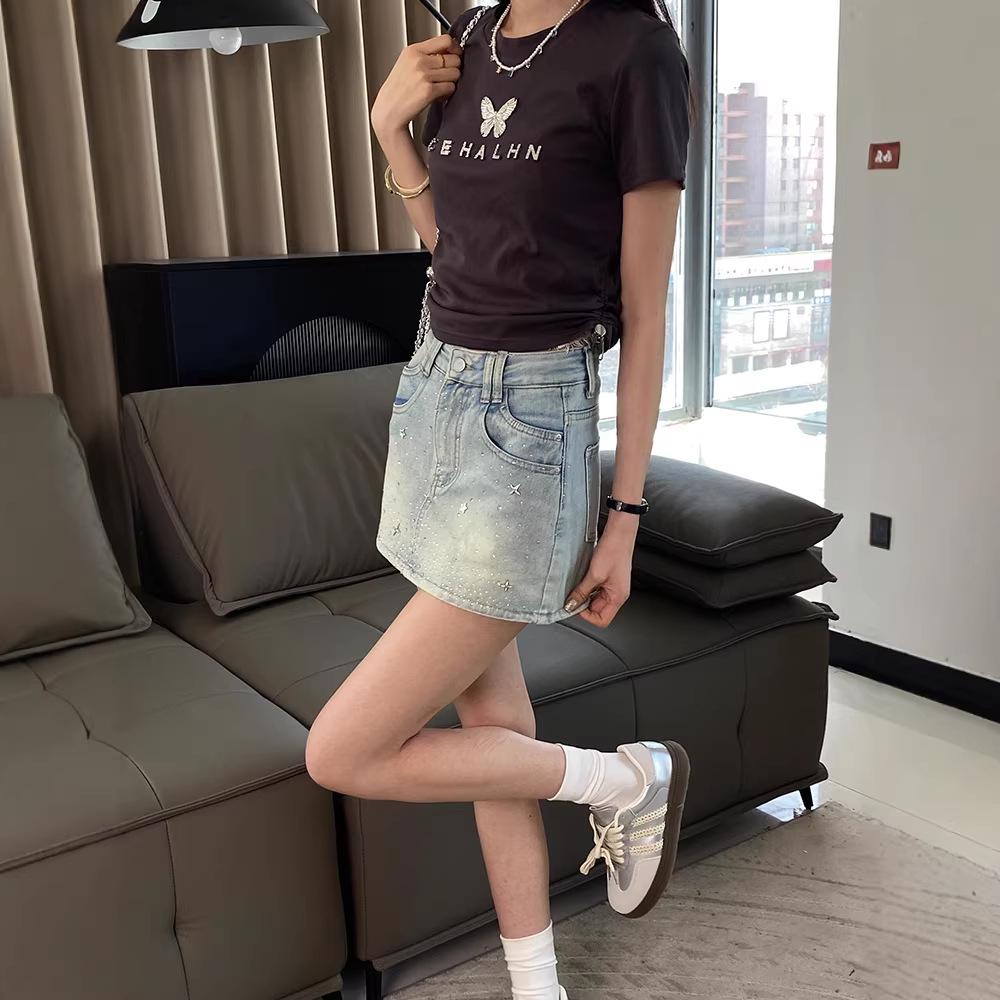 2024 Hot Rhinestone Denim Mini Skirt: Slimming Spicy Girl Summer Style for Women