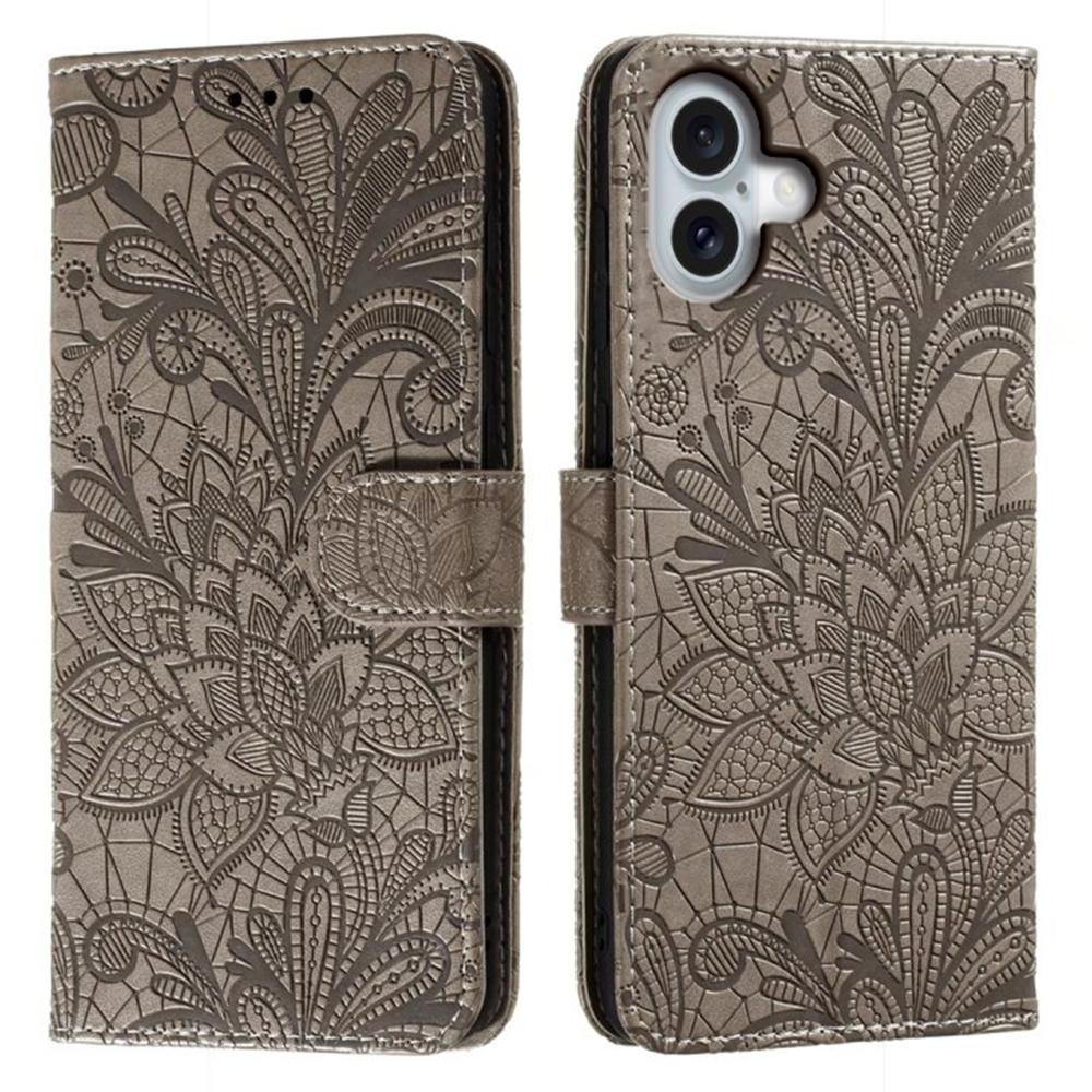 For iPhone 16 Case Lace Flowers PU Leather Flip Wallet Phone Cover - Grey