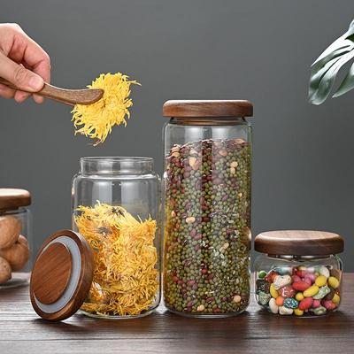 Acacia Wood Lid Borosilicate Glass Folding Storage Jar - Sealed Kitchen Jar
