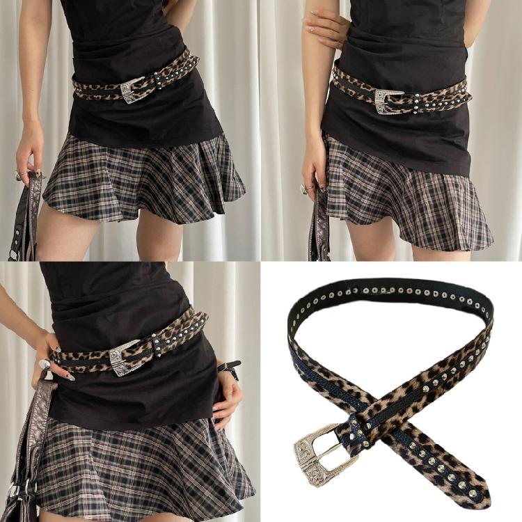 Rivets Embellished Waist Girdle Leopard Print PU Belt Edgy Unique Fashion Waist Strap for Casual and Party Outfits